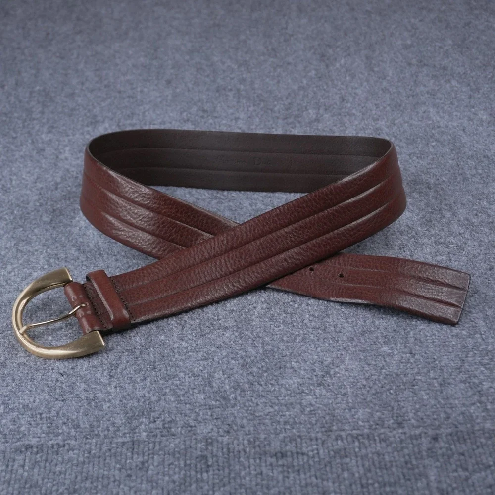 Massimo Dutti Leather Belt Womens 85 Brown Wide Ribbed Gold Buckle Spain